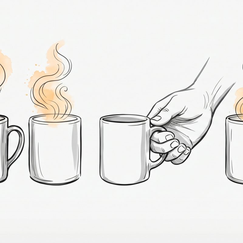 A row of mugs of tea, most with warm rising steam, while a caring hand gently checks the one mug that has quietly gone cold — noticing the team member who is quietly running low