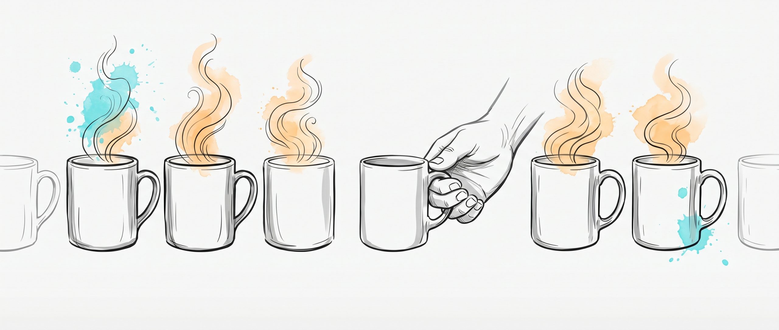 A row of mugs of tea, most with warm rising steam, while a caring hand gently checks the one mug that has quietly gone cold — noticing the team member who is quietly running low