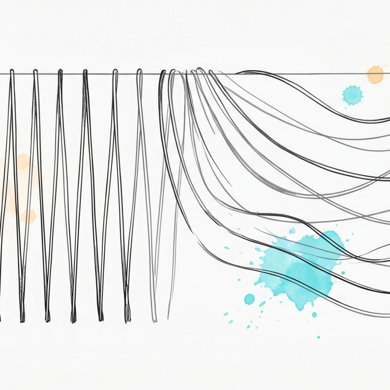 Hand-drawn ink illustration: a row of tightly taut strings on the left easing into loose, slack, relaxed flowing curves on the right, with cyan and apricot watercolour splashes — tension releasing, the core of progressive muscle relaxation.