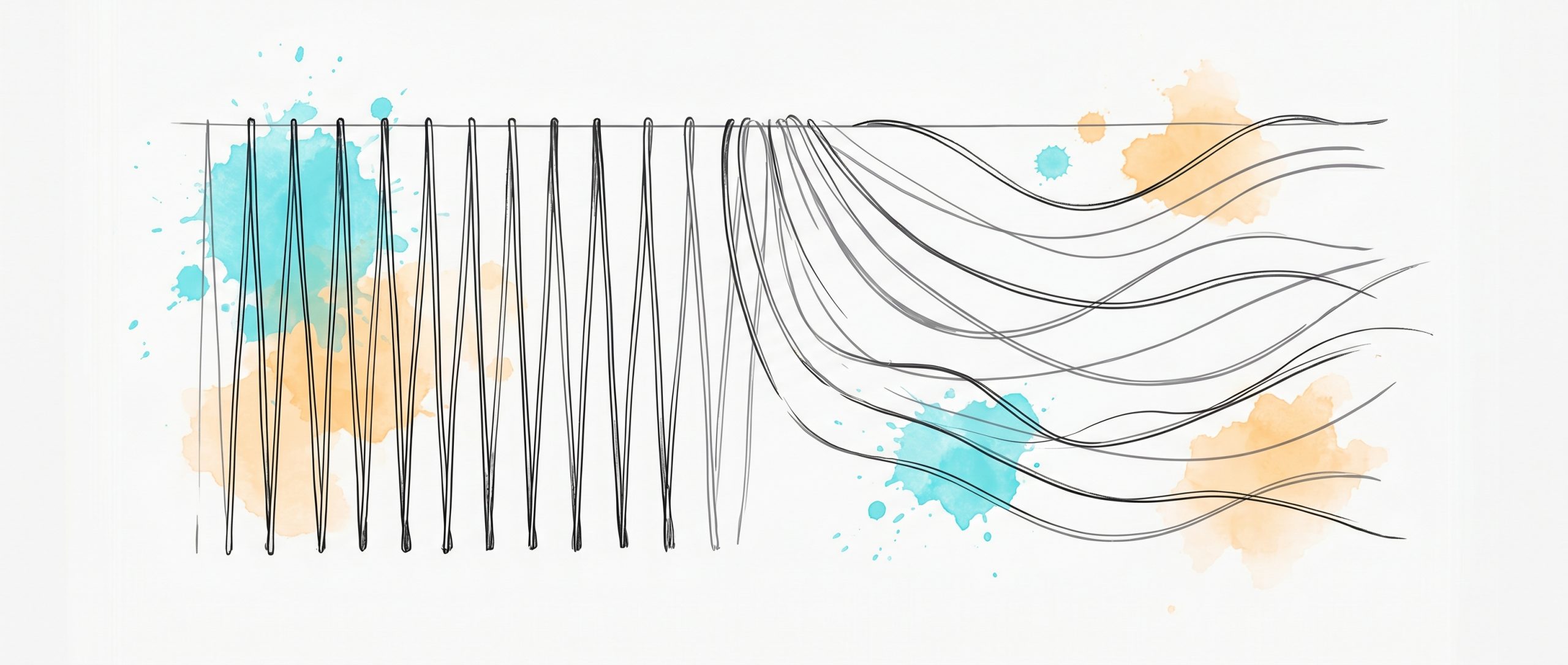 Hand-drawn ink illustration: a row of tightly taut strings on the left easing into loose, slack, relaxed flowing curves on the right, with cyan and apricot watercolour splashes — tension releasing, the core of progressive muscle relaxation.