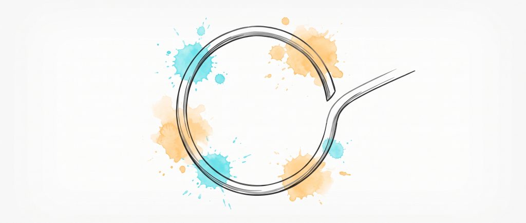 Ink illustration of a repeating circular loop breaking open at one point, a single line peeling away into open space, with soft cyan and apricot watercolour splashes — breaking the obsessive-compulsive cycle