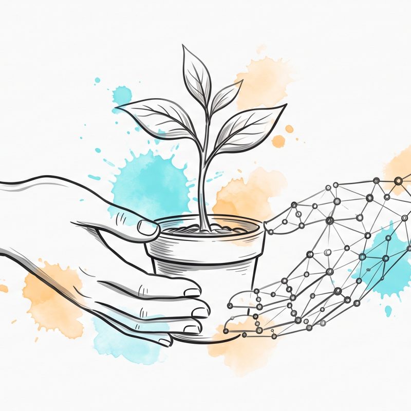 Hand-drawn editorial illustration: a human hand drawn in solid ink and an AI hand made of connected dots and nodes together cupping and steadying the same small potted seedling, with soft cyan and apricot watercolour splashes