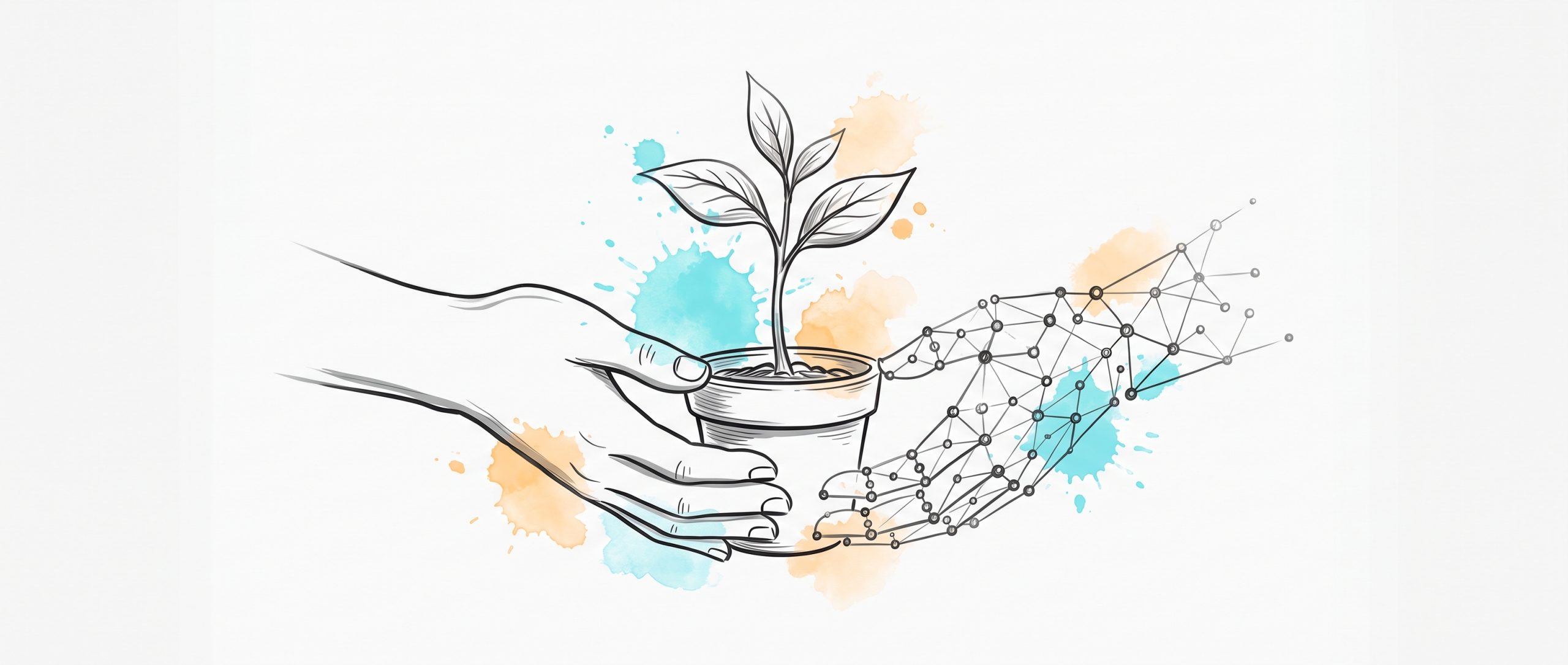 Hand-drawn editorial illustration: a human hand drawn in solid ink and an AI hand made of connected dots and nodes together cupping and steadying the same small potted seedling, with soft cyan and apricot watercolour splashes