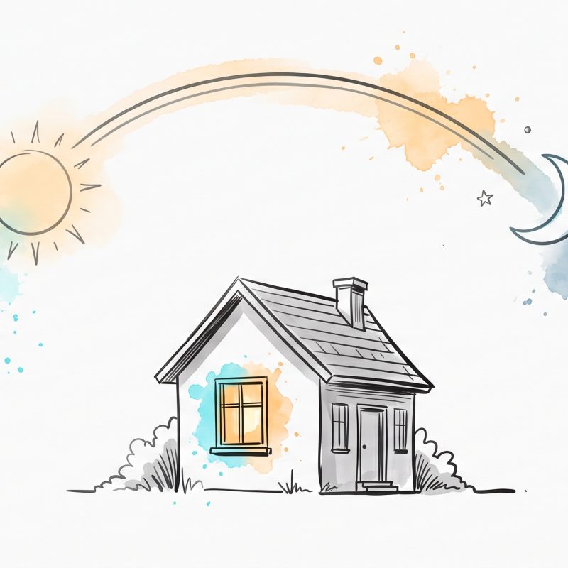 Hand-drawn editorial illustration: a small house with one warmly lit window beneath an arc sweeping from a soft sun to a crescent moon and stars, in cyan and apricot watercolour—a light that stays on around the clock.