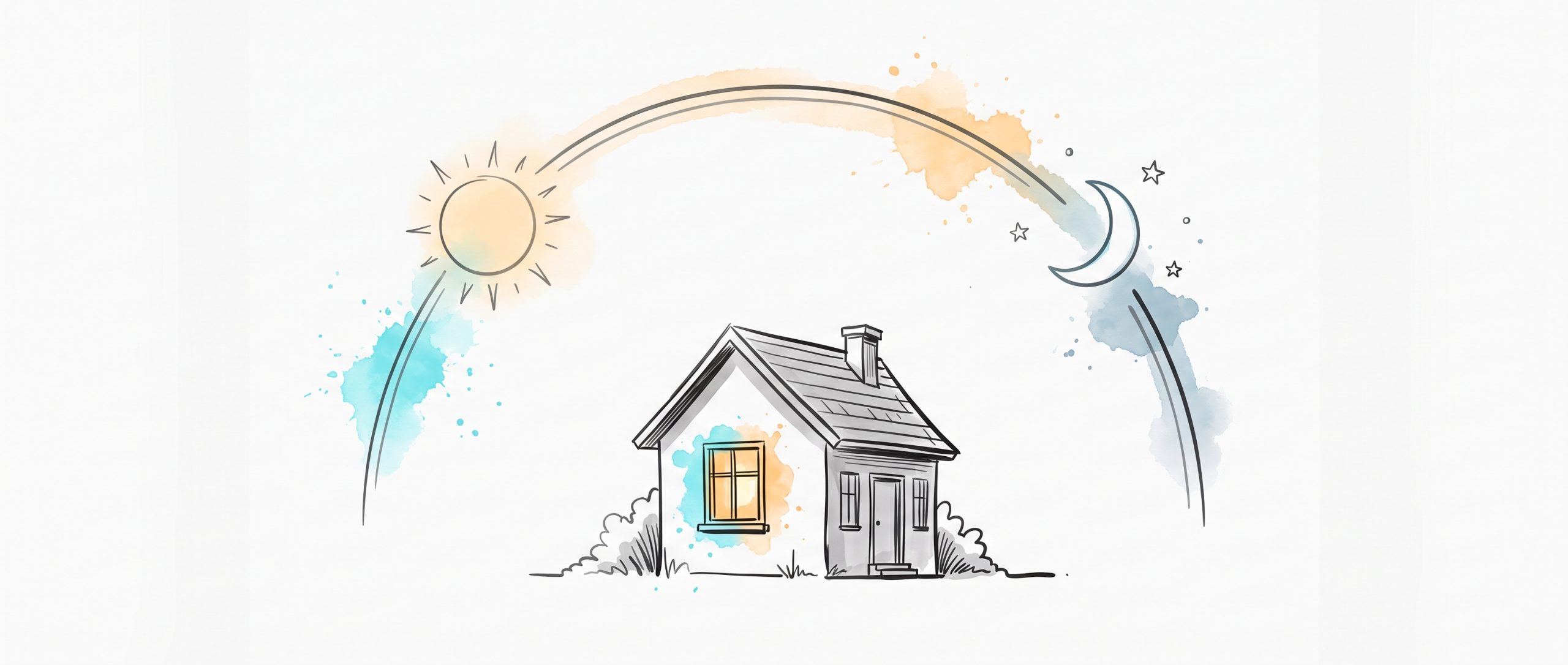 Hand-drawn editorial illustration: a small house with one warmly lit window beneath an arc sweeping from a soft sun to a crescent moon and stars, in cyan and apricot watercolour—a light that stays on around the clock.