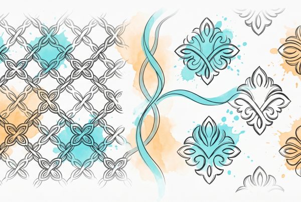 Hand-drawn ink illustration of two decorative patterns meeting at a cyan seam: an interwoven collectivist lattice on the left blending into bold standalone individualist motifs on the right
