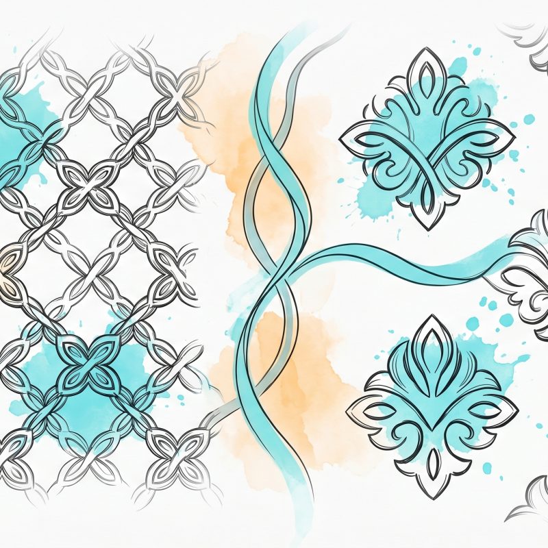 Hand-drawn ink illustration of two decorative patterns meeting at a cyan seam: an interwoven collectivist lattice on the left blending into bold standalone individualist motifs on the right