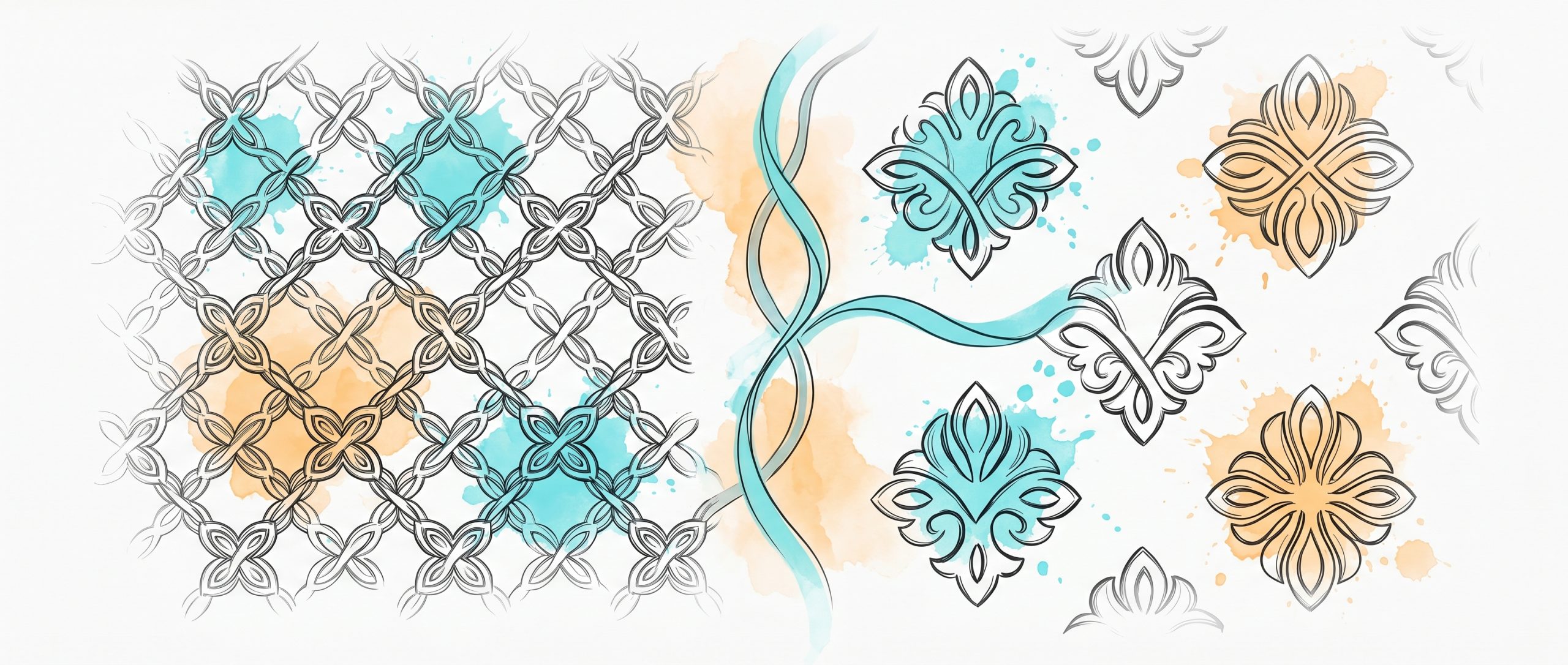 Hand-drawn ink illustration of two decorative patterns meeting at a cyan seam: an interwoven collectivist lattice on the left blending into bold standalone individualist motifs on the right