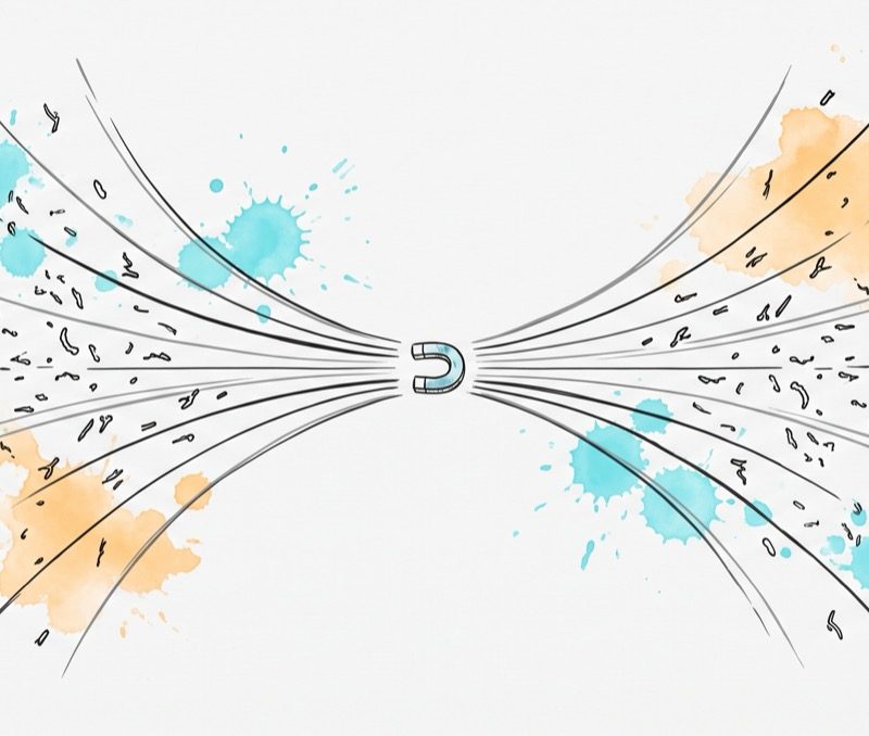 Hand-drawn ink illustration of scattered iron filings being drawn into clean ordered alignment lines converging on a single central magnet, with cyan and apricot watercolour splashes — scattered attention pulled into focus.