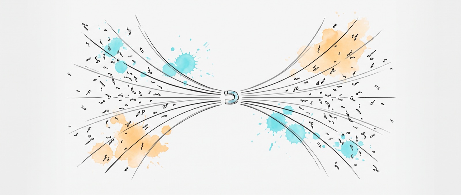 Hand-drawn ink illustration of scattered iron filings being drawn into clean ordered alignment lines converging on a single central magnet, with cyan and apricot watercolour splashes — scattered attention pulled into focus.