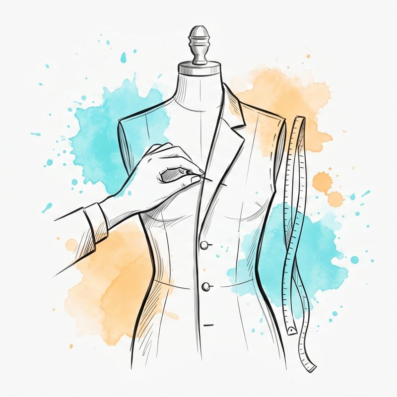 Hand-drawn ink illustration of a hand fitting a tailored garment onto a mannequin form with a tape measure nearby, in cyan and apricot watercolour — made-to-measure, personalized coaching
