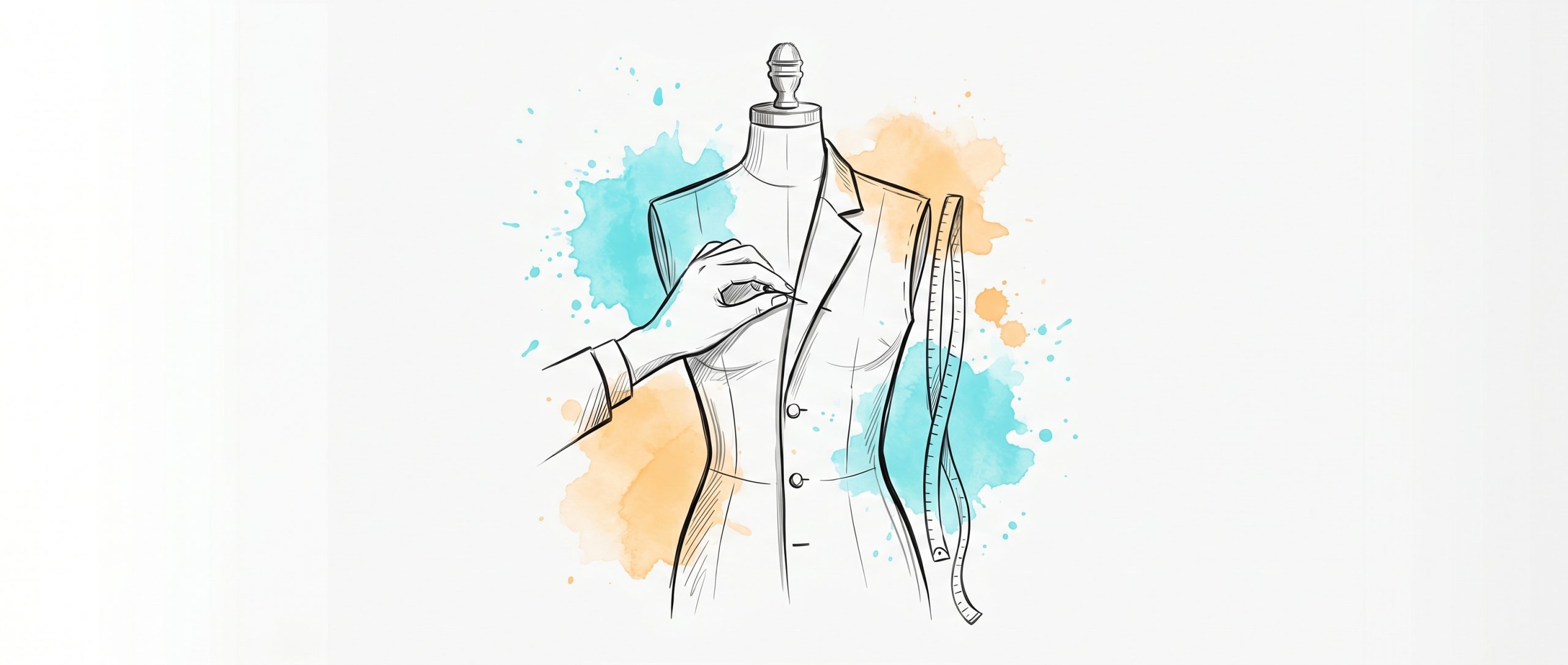 Hand-drawn ink illustration of a hand fitting a tailored garment onto a mannequin form with a tape measure nearby, in cyan and apricot watercolour — made-to-measure, personalized coaching