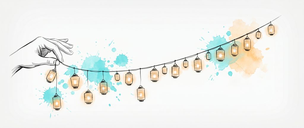 Hand-drawn ink illustration of a hand holding a string of softly glowing paper lanterns that dips then rises across the width into an ascending trail of light, with cyan and apricot watercolour splashes