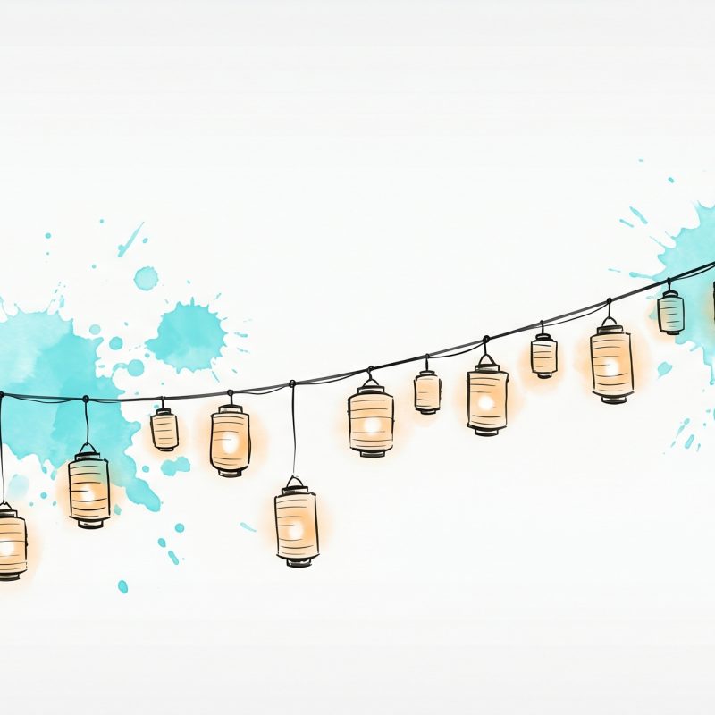 Hand-drawn ink illustration of a hand holding a string of softly glowing paper lanterns that dips then rises across the width into an ascending trail of light, with cyan and apricot watercolour splashes