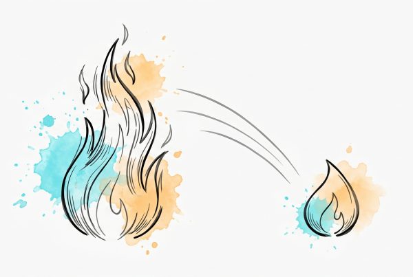 Hand-drawn ink illustration of a large agitated flame easing down into a small calm steady flame, symbolizing lowering the temperature of a heated conversation, with soft cyan and apricot watercolour splashes