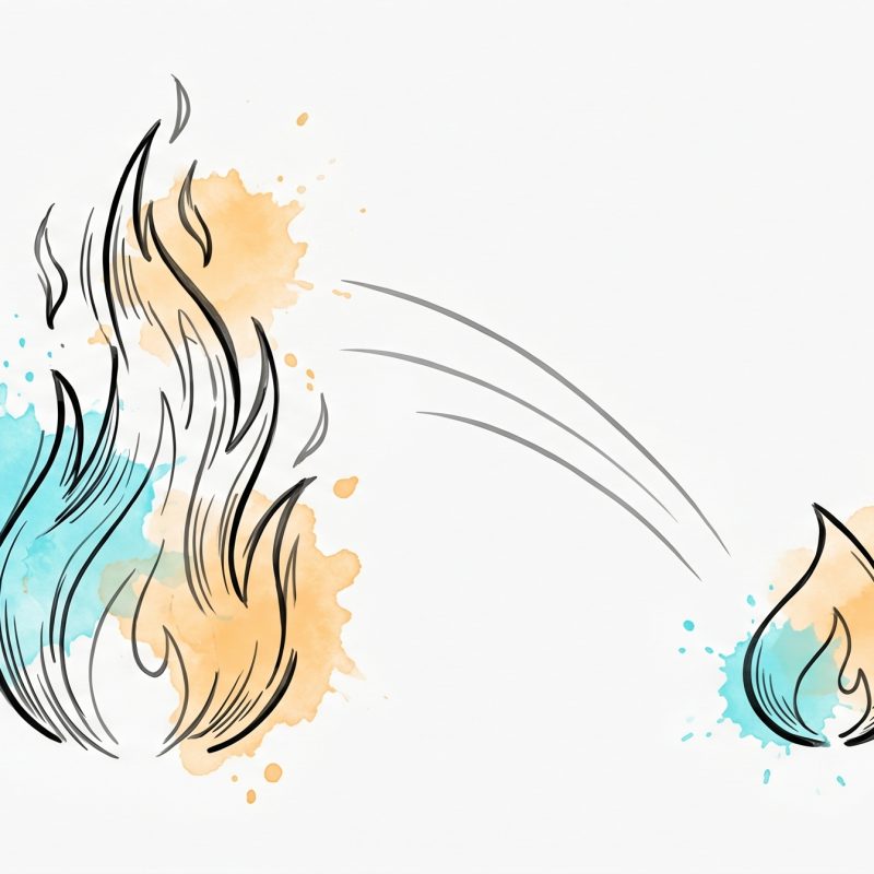 Hand-drawn ink illustration of a large agitated flame easing down into a small calm steady flame, symbolizing lowering the temperature of a heated conversation, with soft cyan and apricot watercolour splashes