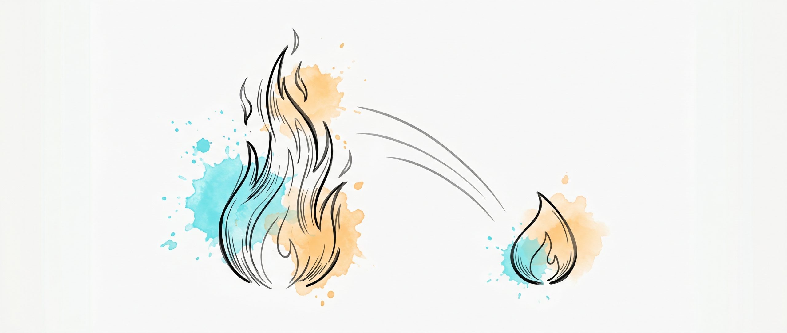 Hand-drawn ink illustration of a large agitated flame easing down into a small calm steady flame, symbolizing lowering the temperature of a heated conversation, with soft cyan and apricot watercolour splashes