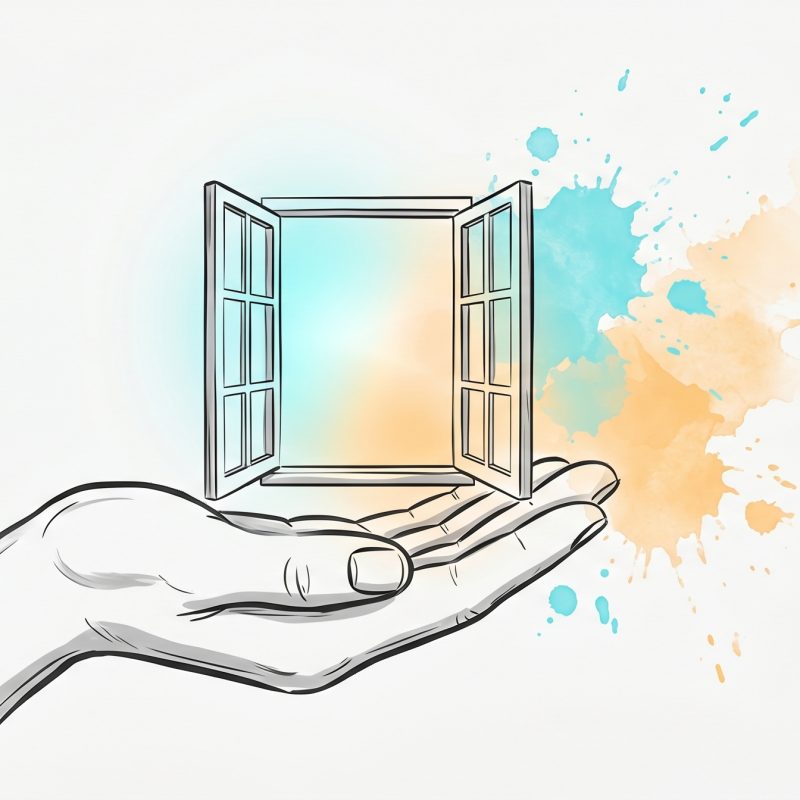 Hand-drawn editorial illustration: an open hand holding out a small open window glowing with warm cyan and apricot light, symbolizing understanding another person by seeing through their perspective