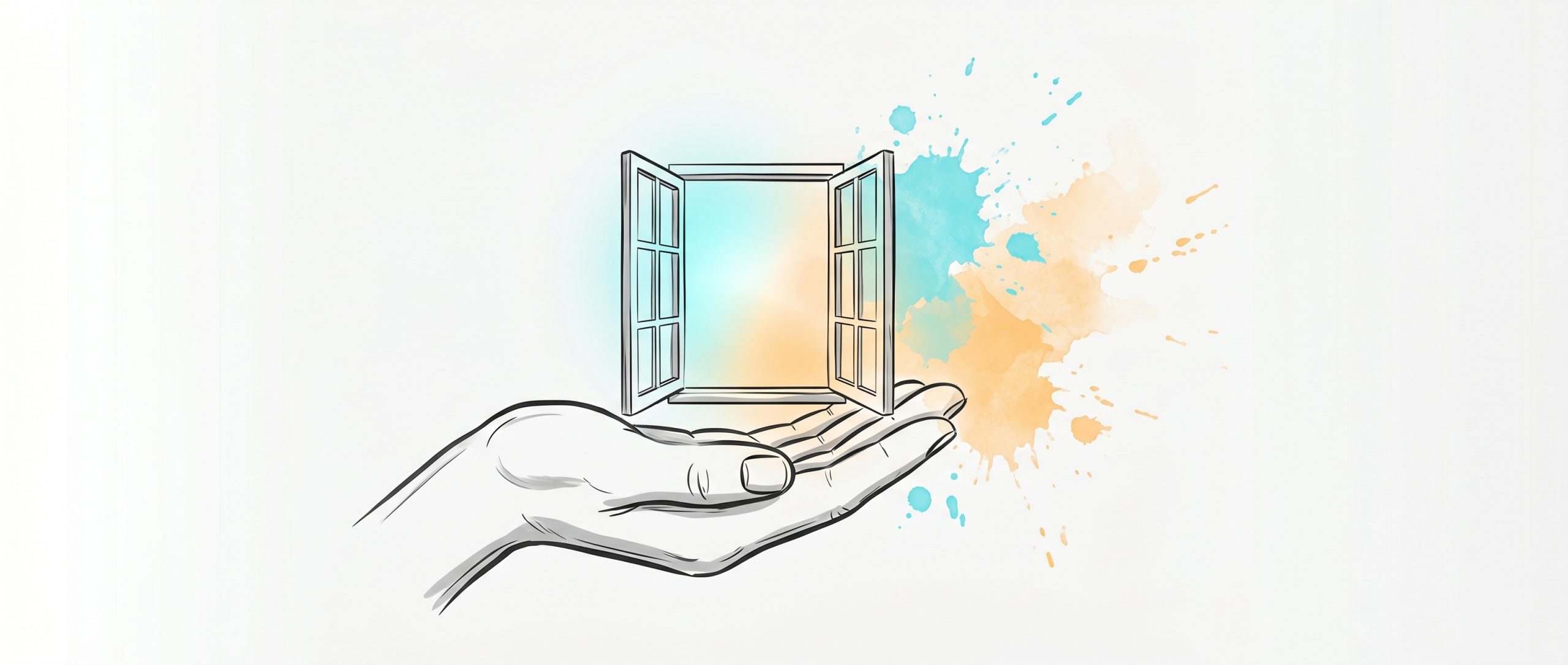 Hand-drawn editorial illustration: an open hand holding out a small open window glowing with warm cyan and apricot light, symbolizing understanding another person by seeing through their perspective
