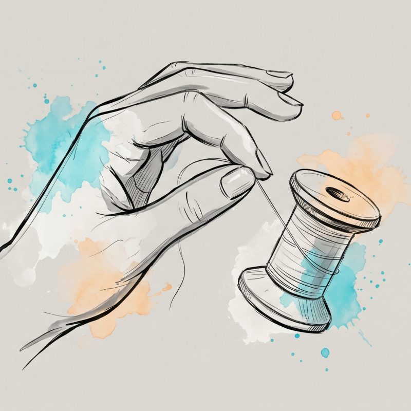 Hand-drawn ink illustration of a hand winding thread onto a wooden spool, the coil thickening with each pass, with soft cyan and apricot watercolour splashes