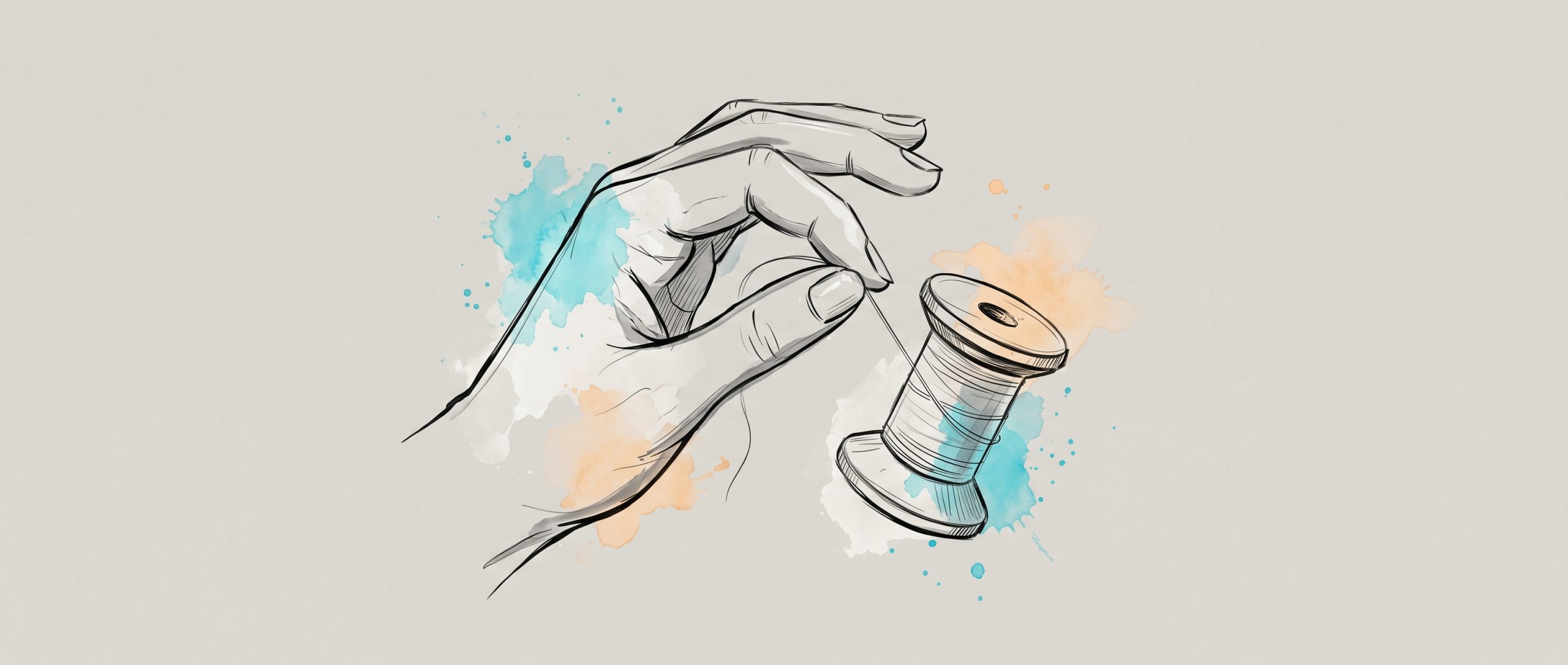 Hand-drawn ink illustration of a hand winding thread onto a wooden spool, the coil thickening with each pass, with soft cyan and apricot watercolour splashes