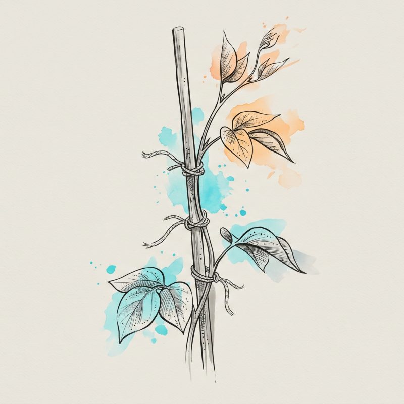 Hand-drawn ink illustration of a young plant growing upright along a slender guide stake with ties, with cyan and apricot watercolour splashes — structure and design supporting steady growth over raw effort.