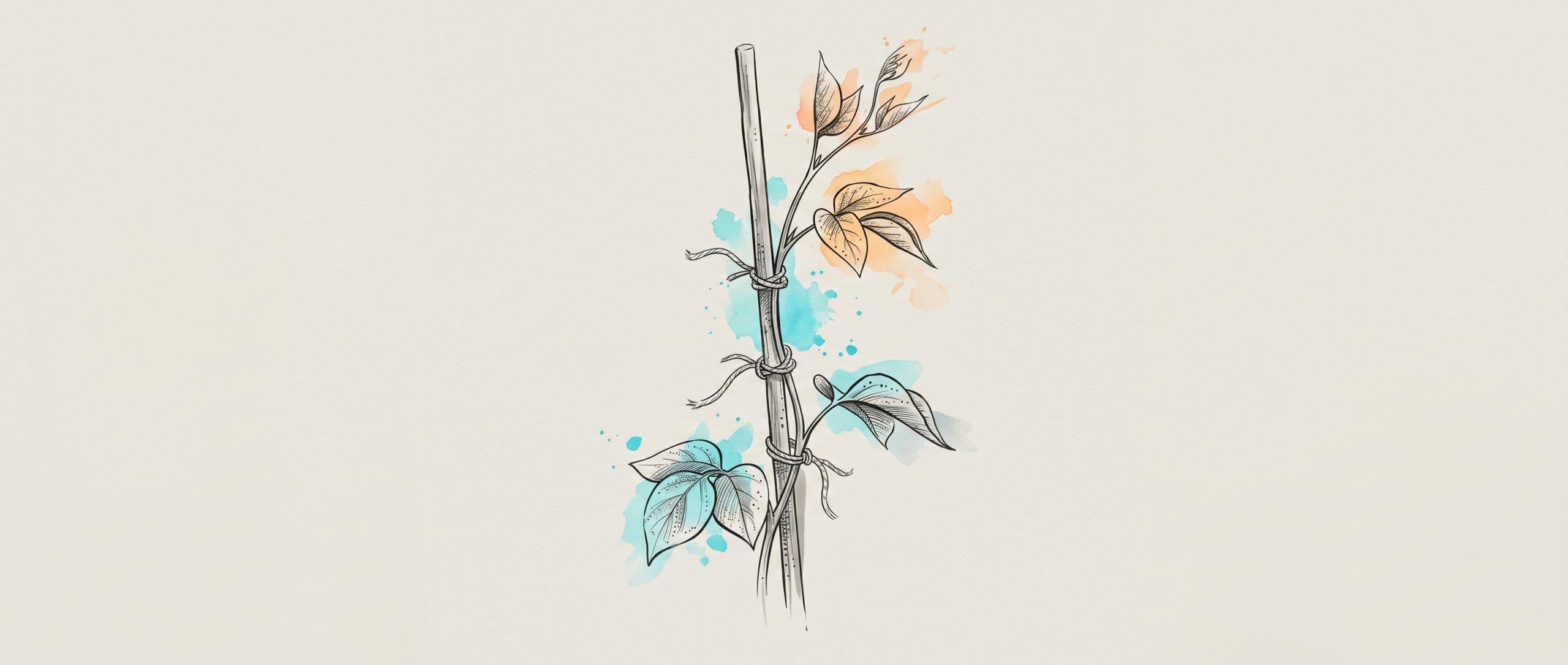 Hand-drawn ink illustration of a young plant growing upright along a slender guide stake with ties, with cyan and apricot watercolour splashes — structure and design supporting steady growth over raw effort.