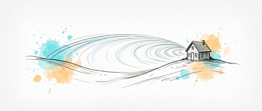 Hand-drawn ink illustration of a small remote house on a hilltop reached by a flowing cyan signal-wave arc across an open valley — care connecting across distance to an isolated place