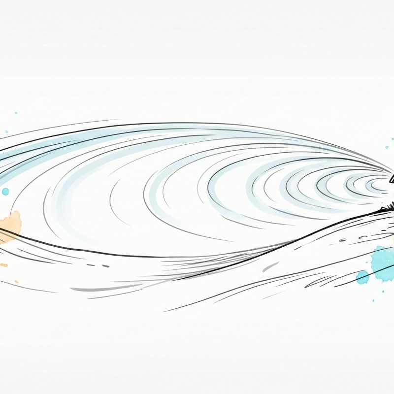 Hand-drawn ink illustration of a small remote house on a hilltop reached by a flowing cyan signal-wave arc across an open valley — care connecting across distance to an isolated place
