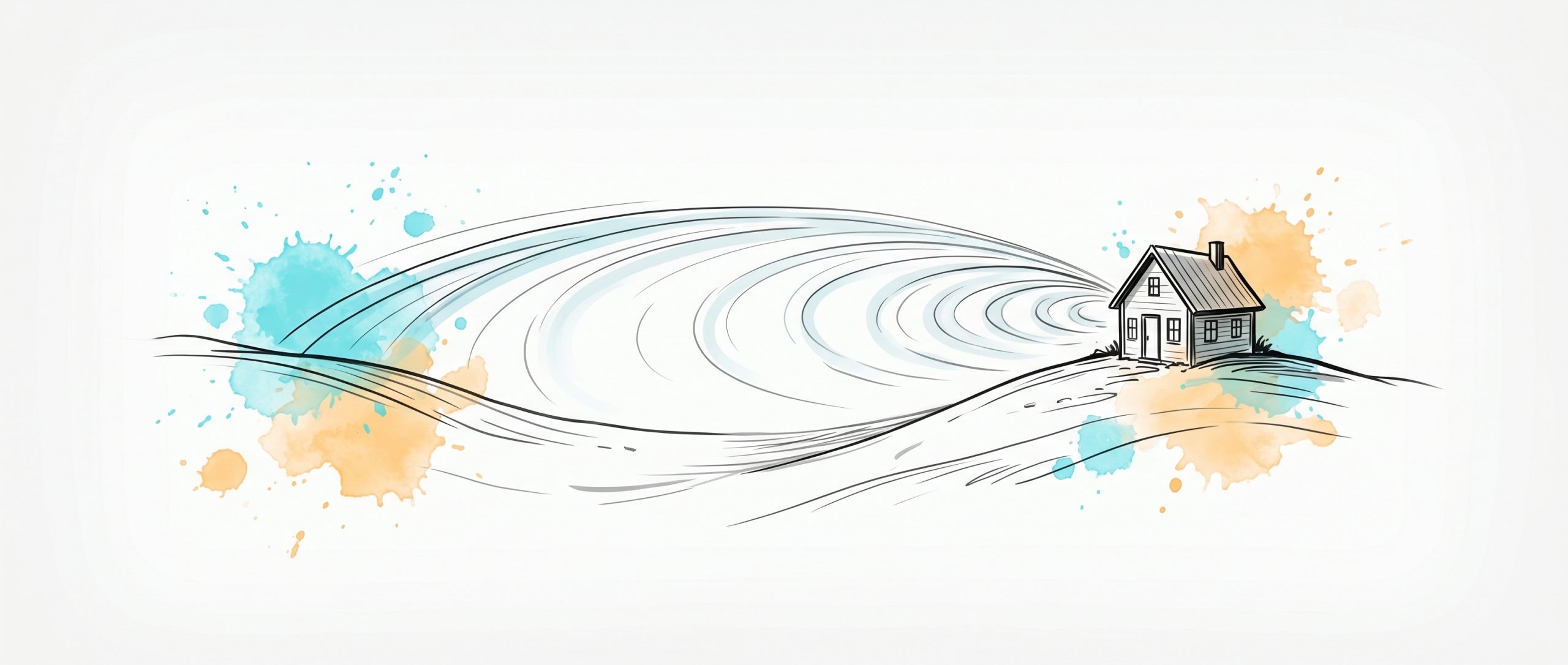 Hand-drawn ink illustration of a small remote house on a hilltop reached by a flowing cyan signal-wave arc across an open valley — care connecting across distance to an isolated place