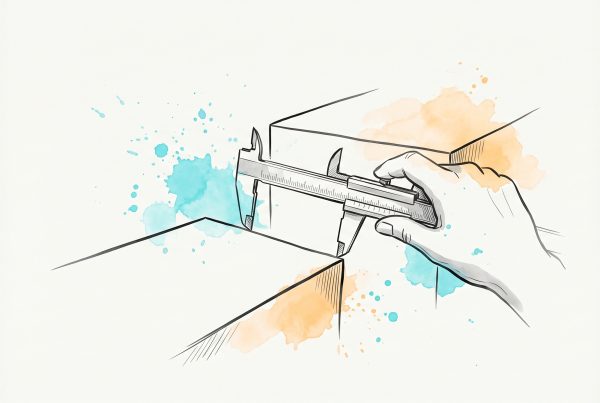 Hand-drawn ink illustration of a hand using measuring calipers to gauge the gap between two raised blocks of different heights, with cyan and apricot watercolour splashes — measuring the distance between current and needed skills