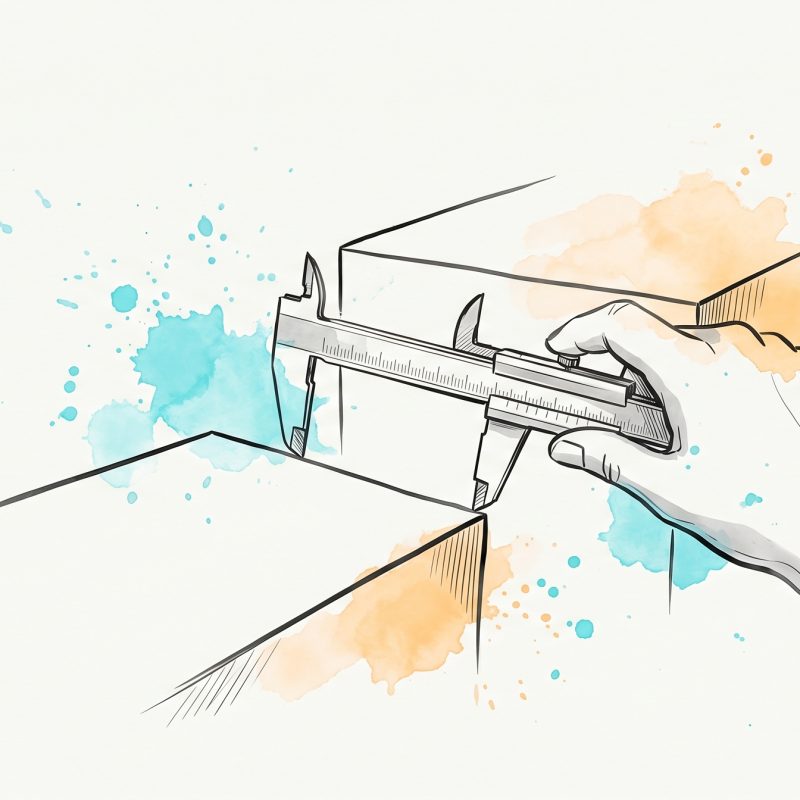 Hand-drawn ink illustration of a hand using measuring calipers to gauge the gap between two raised blocks of different heights, with cyan and apricot watercolour splashes — measuring the distance between current and needed skills