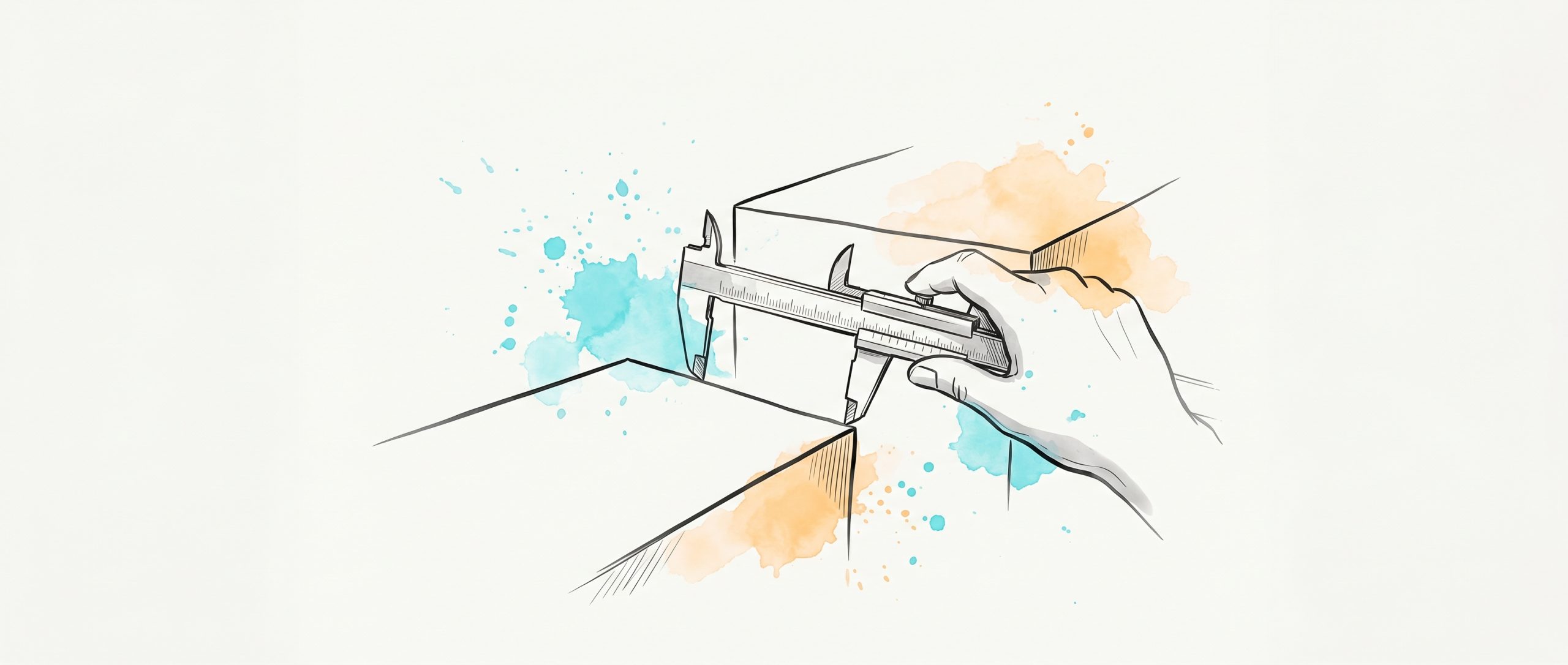 Hand-drawn ink illustration of a hand using measuring calipers to gauge the gap between two raised blocks of different heights, with cyan and apricot watercolour splashes — measuring the distance between current and needed skills
