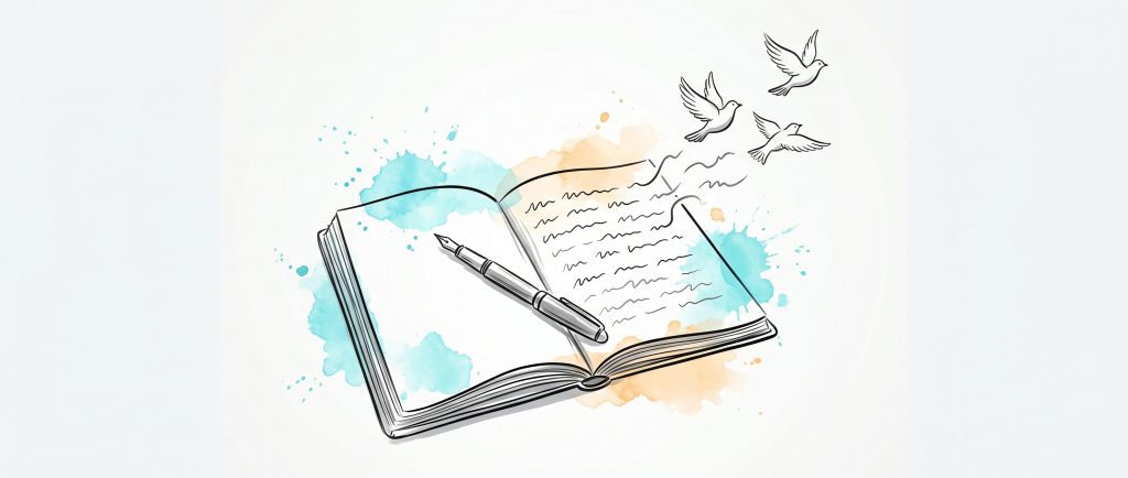 Hand-drawn ink illustration of an open journal and fountain pen, the written lines lifting off the page and becoming small birds taking flight, with soft cyan and apricot watercolour splashes