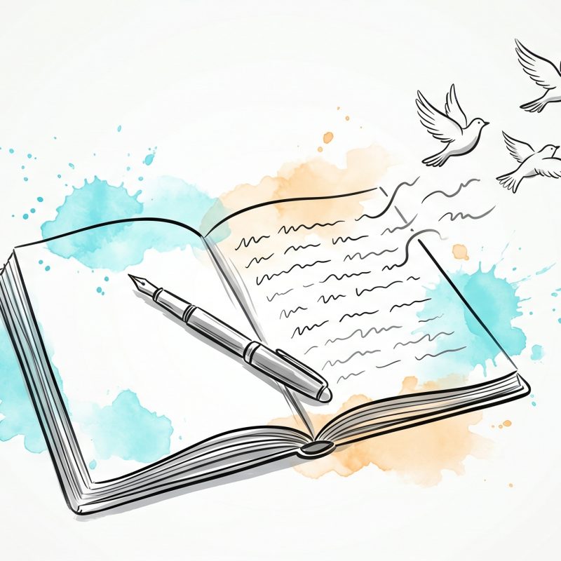 Hand-drawn ink illustration of an open journal and fountain pen, the written lines lifting off the page and becoming small birds taking flight, with soft cyan and apricot watercolour splashes