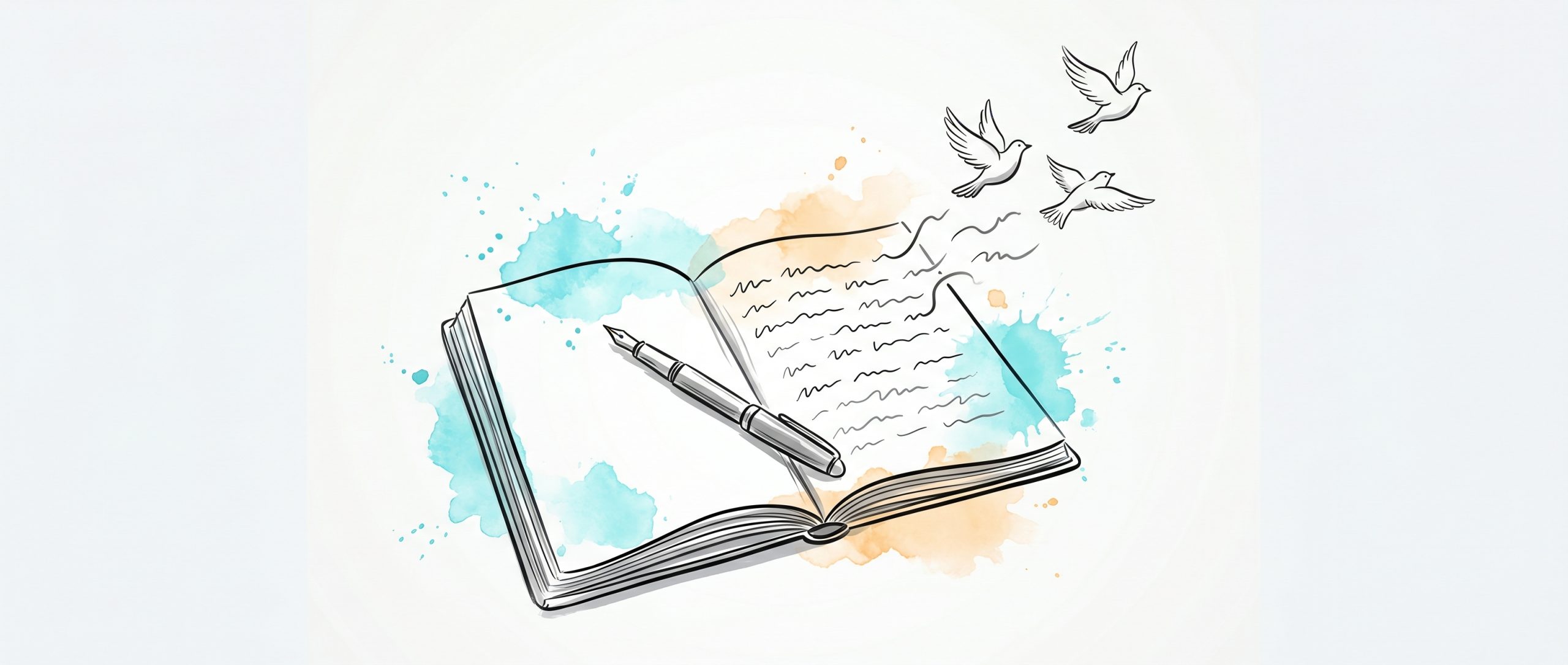 Hand-drawn ink illustration of an open journal and fountain pen, the written lines lifting off the page and becoming small birds taking flight, with soft cyan and apricot watercolour splashes