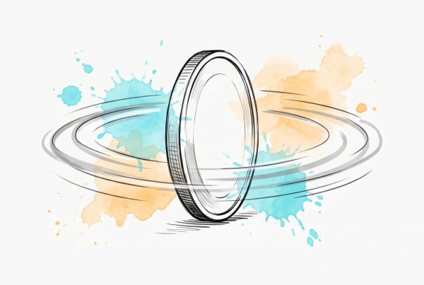 Hand-drawn ink illustration of a coin spinning balanced on its edge inside soft motion-rings, caught mid-spin and not yet settled, with cyan and apricot watercolour splashes — symbolising sitting calmly with an unresolved, uncertain outcome