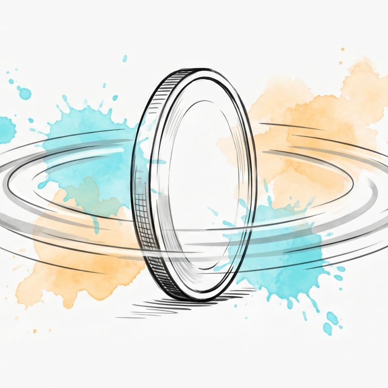 Hand-drawn ink illustration of a coin spinning balanced on its edge inside soft motion-rings, caught mid-spin and not yet settled, with cyan and apricot watercolour splashes — symbolising sitting calmly with an unresolved, uncertain outcome