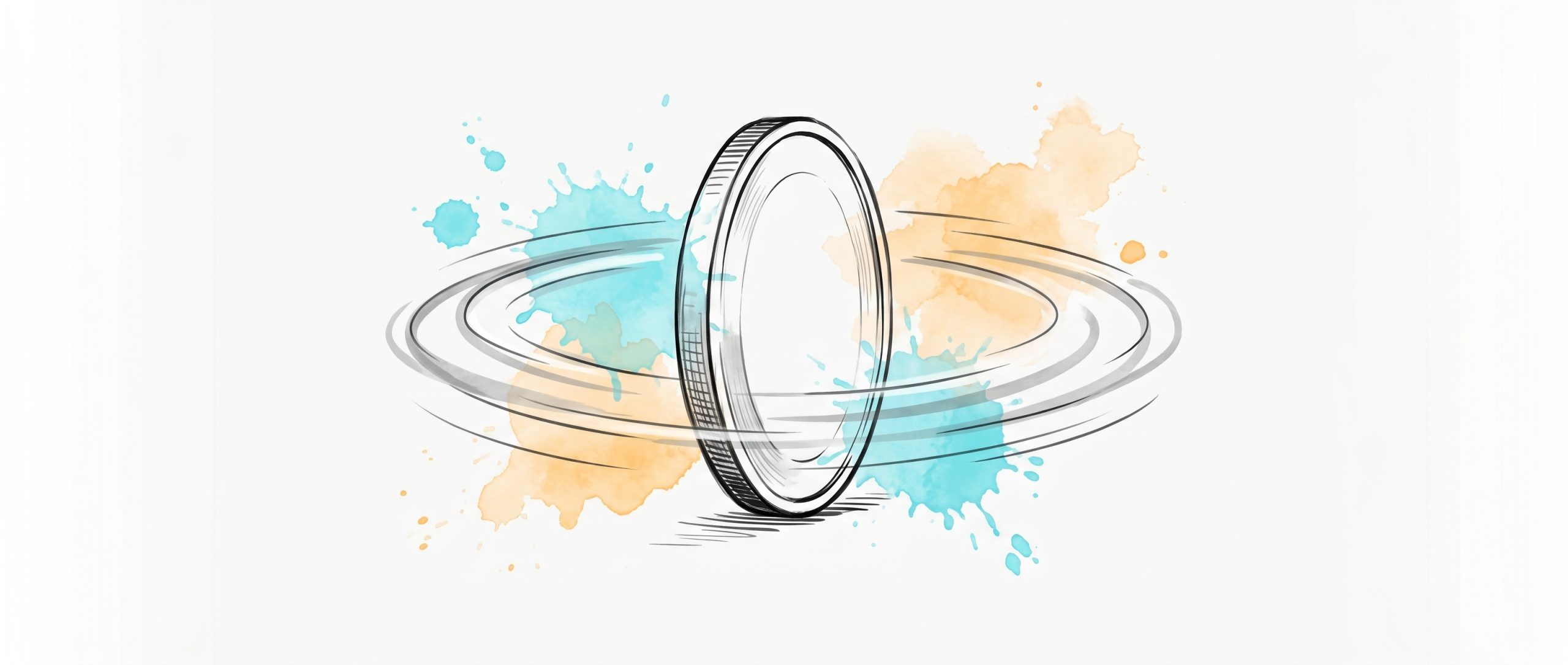 Hand-drawn ink illustration of a coin spinning balanced on its edge inside soft motion-rings, caught mid-spin and not yet settled, with cyan and apricot watercolour splashes — symbolising sitting calmly with an unresolved, uncertain outcome