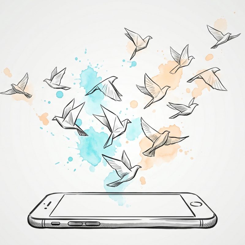 Hand-drawn ink illustration of a smartphone set down while a flock of paper birds rises and drifts up into open space, with soft cyan and apricot watercolour splashes — attention freed by reducing screen time