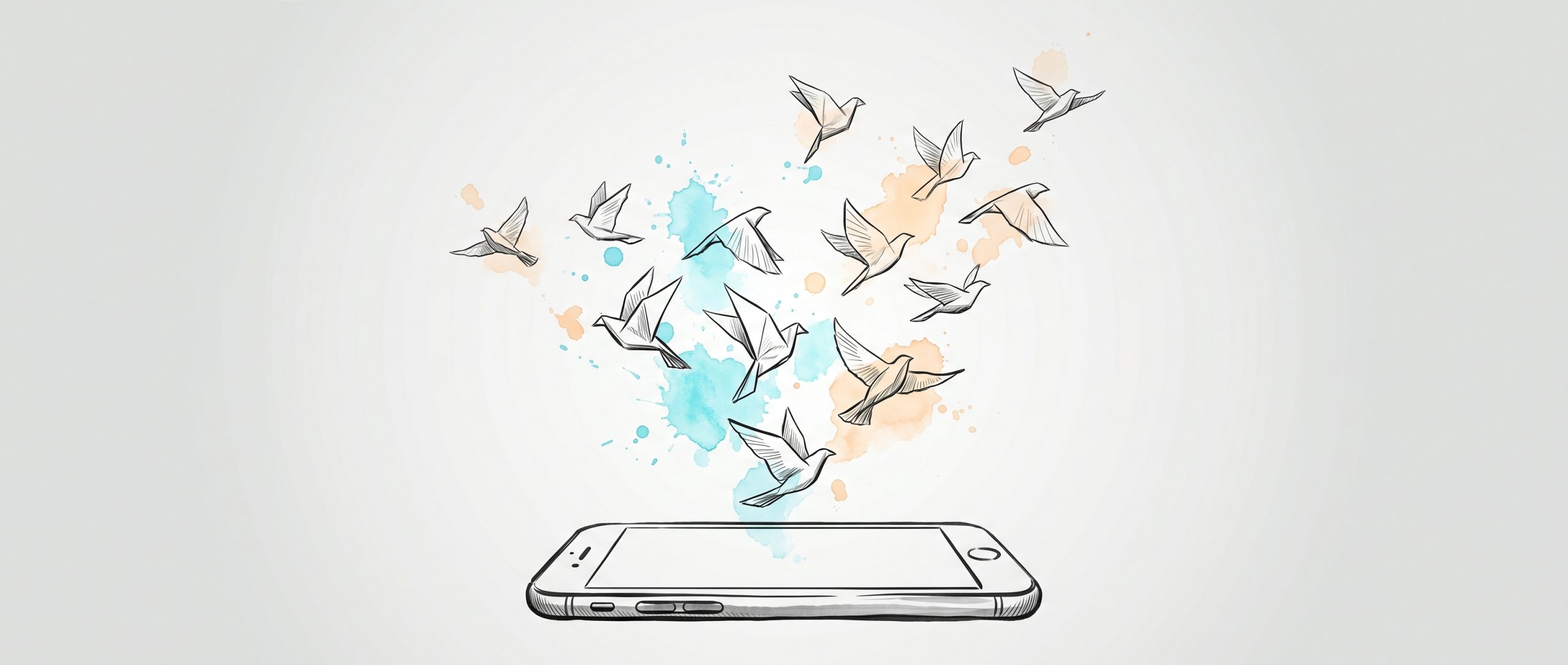 Hand-drawn ink illustration of a smartphone set down while a flock of paper birds rises and drifts up into open space, with soft cyan and apricot watercolour splashes — attention freed by reducing screen time