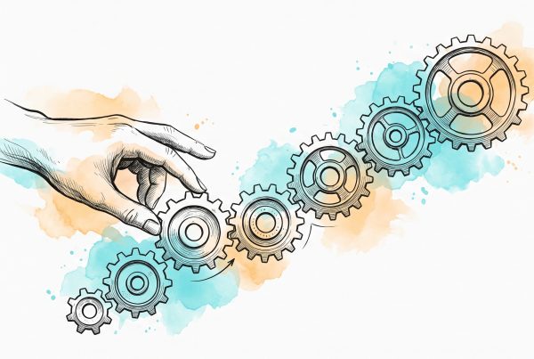 Hand-drawn illustration of a hand adding a new gear to an ascending chain of increasingly large interlocking gears, symbolising building employee skills step by step