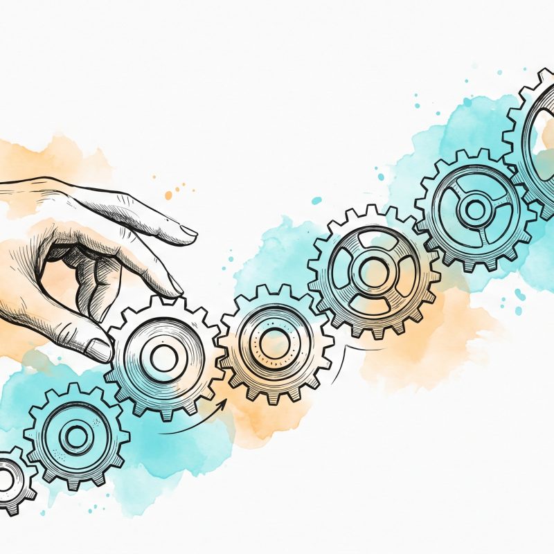 Hand-drawn illustration of a hand adding a new gear to an ascending chain of increasingly large interlocking gears, symbolising building employee skills step by step
