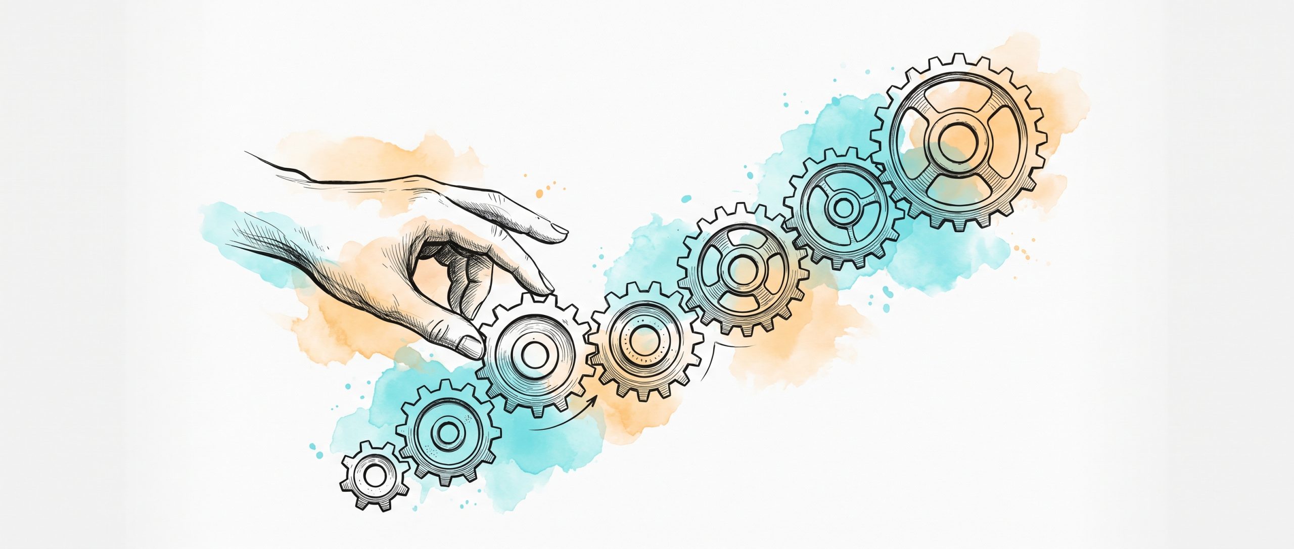 Hand-drawn illustration of a hand adding a new gear to an ascending chain of increasingly large interlocking gears, symbolising building employee skills step by step