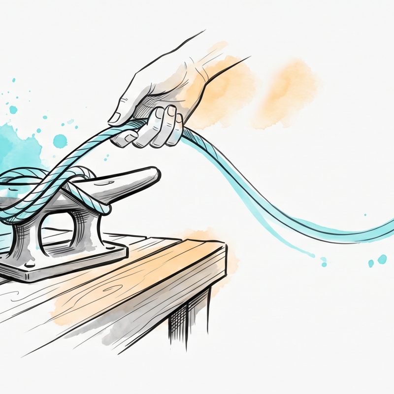 Hand-drawn ink illustration of a hand looping a flowing cyan rope onto an anchored mooring cleat fixed to a dock, symbolising tying a new habit onto an established routine