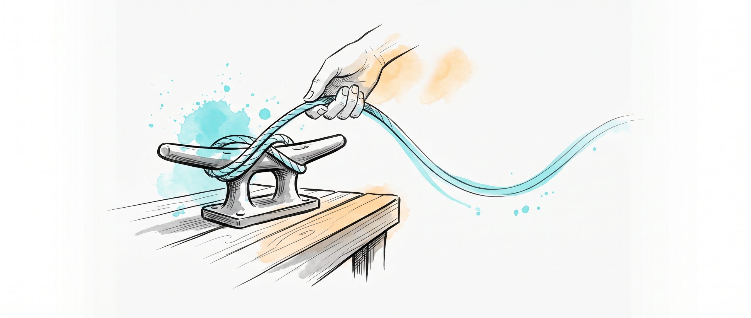 Hand-drawn ink illustration of a hand looping a flowing cyan rope onto an anchored mooring cleat fixed to a dock, symbolising tying a new habit onto an established routine