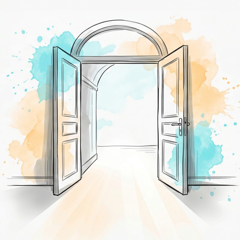 Hand-drawn ink illustration of a wide double-door archway swinging open onto bright airy space, a soft path of light streaming out — the future of AI therapy as a wider front door to mental health support, with cyan and apricot watercolour splashes