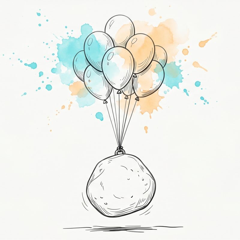 Hand-drawn ink illustration of a heavy stone being lifted and carried upward by a cluster of cyan and apricot balloons, the burden of financial stress easing and floating free