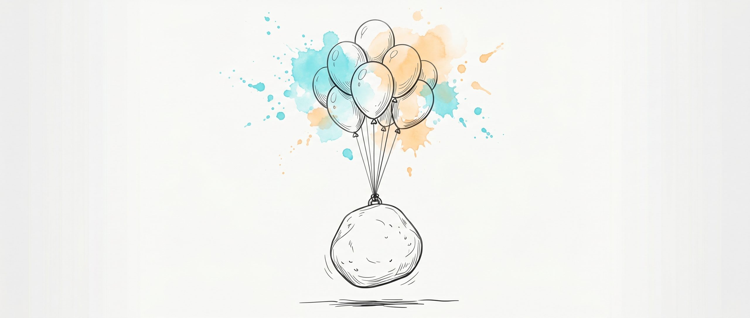 Hand-drawn ink illustration of a heavy stone being lifted and carried upward by a cluster of cyan and apricot balloons, the burden of financial stress easing and floating free