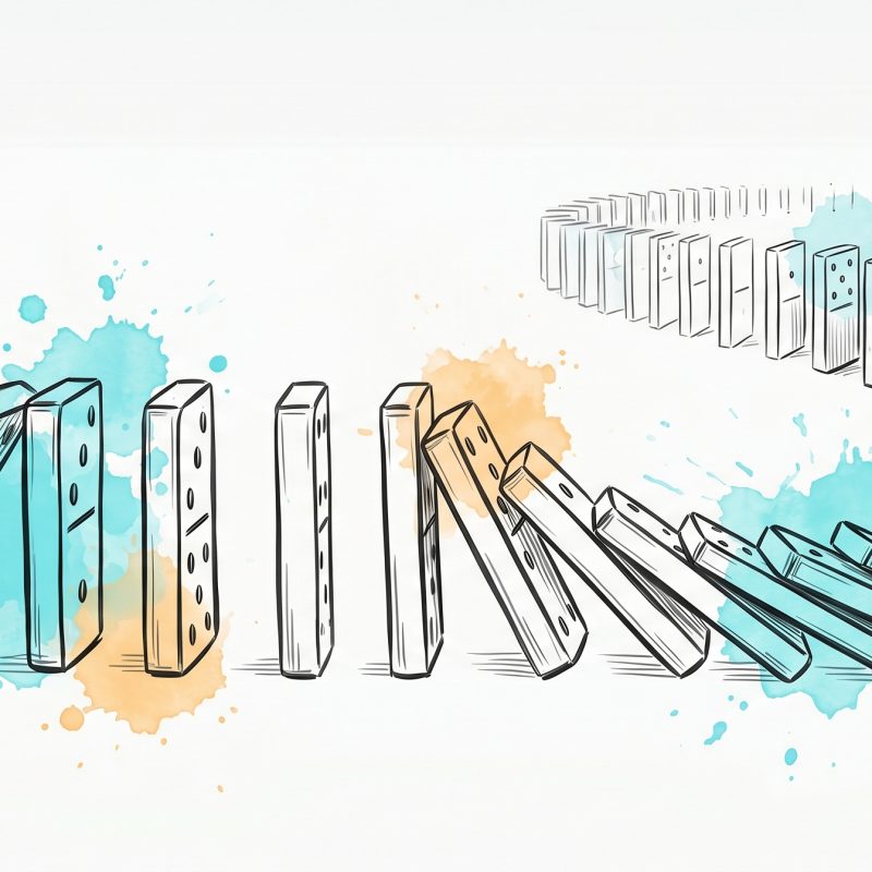 Hand-drawn ink illustration of a fingertip tipping the first domino in a curving line that begins to topple, symbolising one small first action setting momentum in motion, with soft cyan and apricot watercolour splashes
